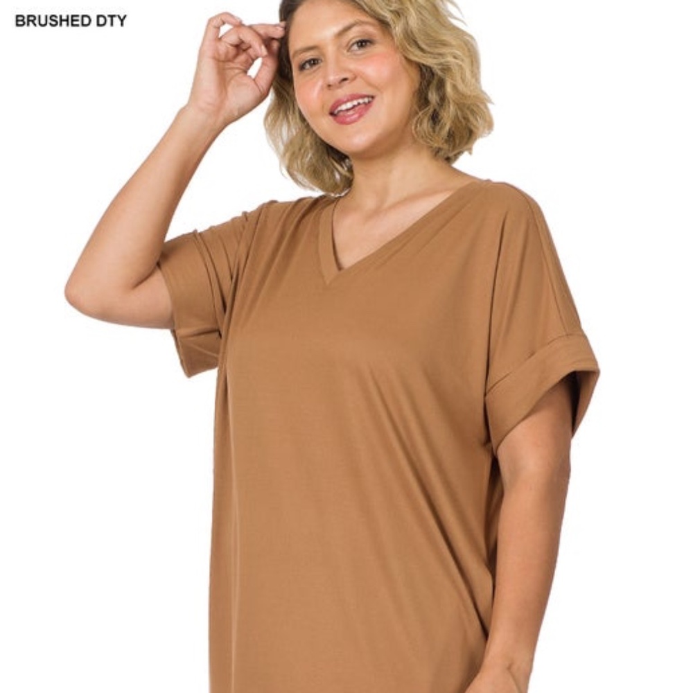Brushed DTY Rolled Short Sleeve V-Neck Dress - Deep Camel - NEW WITH TAGS